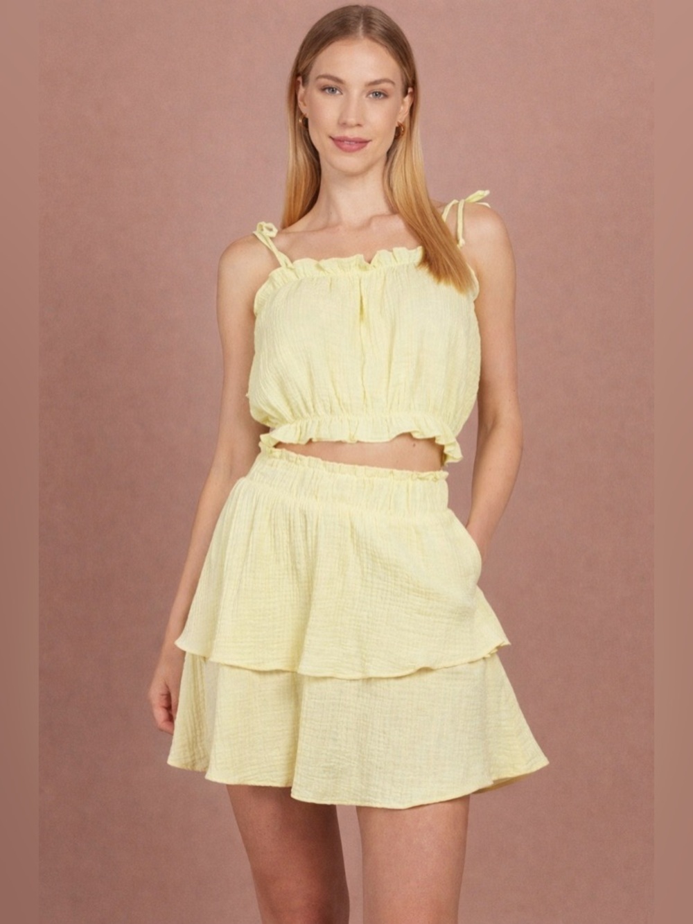 NWT Show Me Your Mumu Yellow Gauze Two Piece Set Crop Top Tiered Skirt Medium